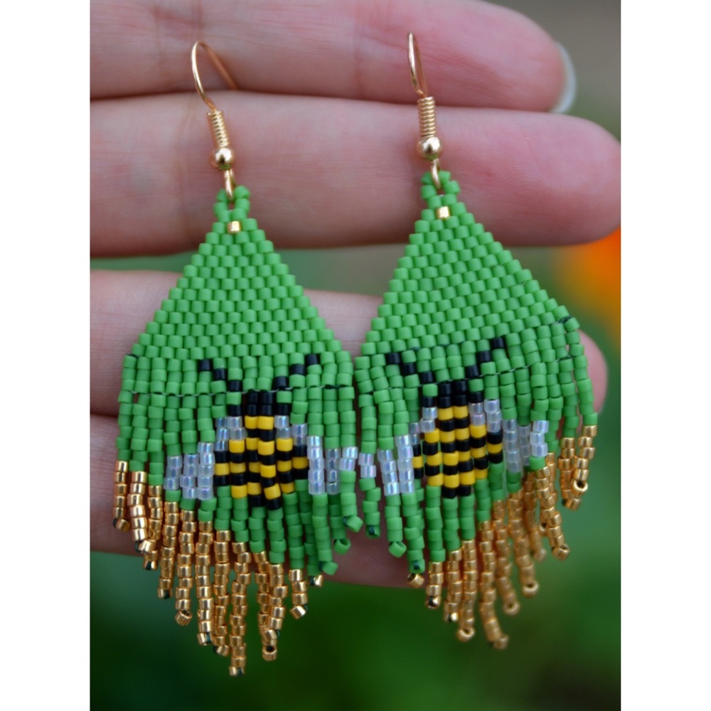MIYUKI hand beaded earrings, bees with gold and green